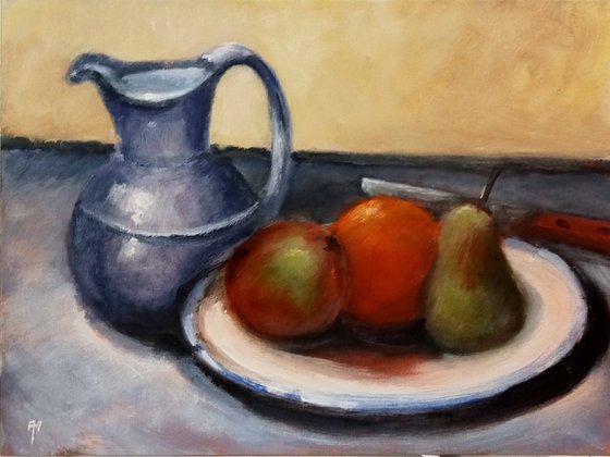 Still life with pewter jug and fruit