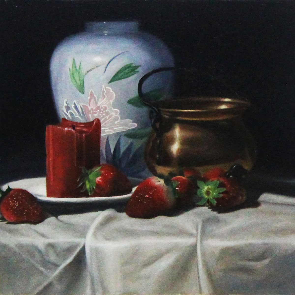 White Vase, Copper Jar, Candle and Strawberries by James Zhao