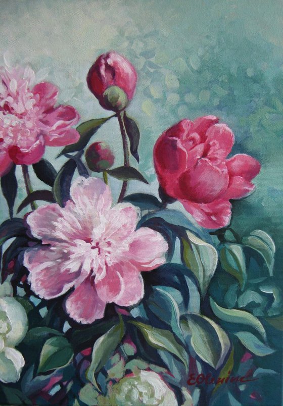 Peonies season - Floral art, Acrylic, 40x40 cm