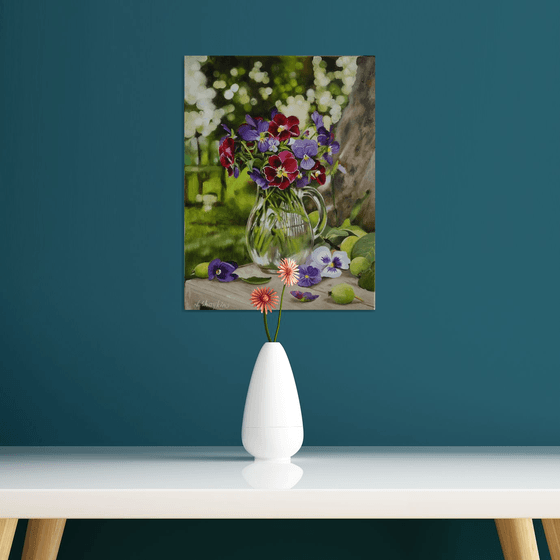 Pansies in Glass Jug
