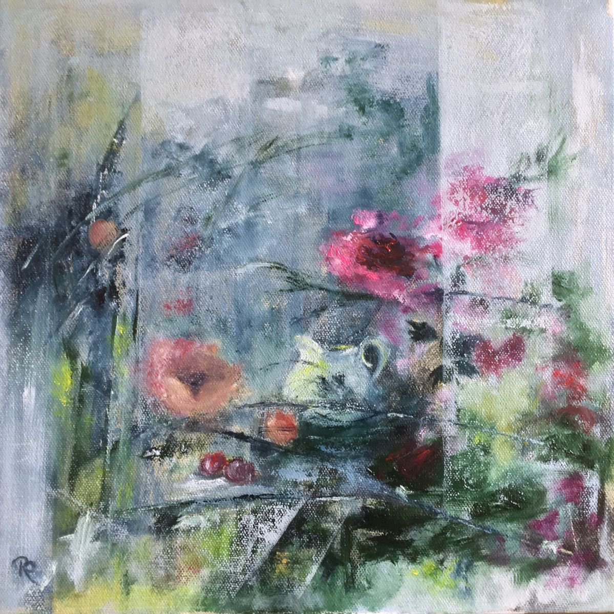 Expressive Still Life Oil Painting By Rebecca Pells, 12 X 12", Peaches And Plums, Original Artwork