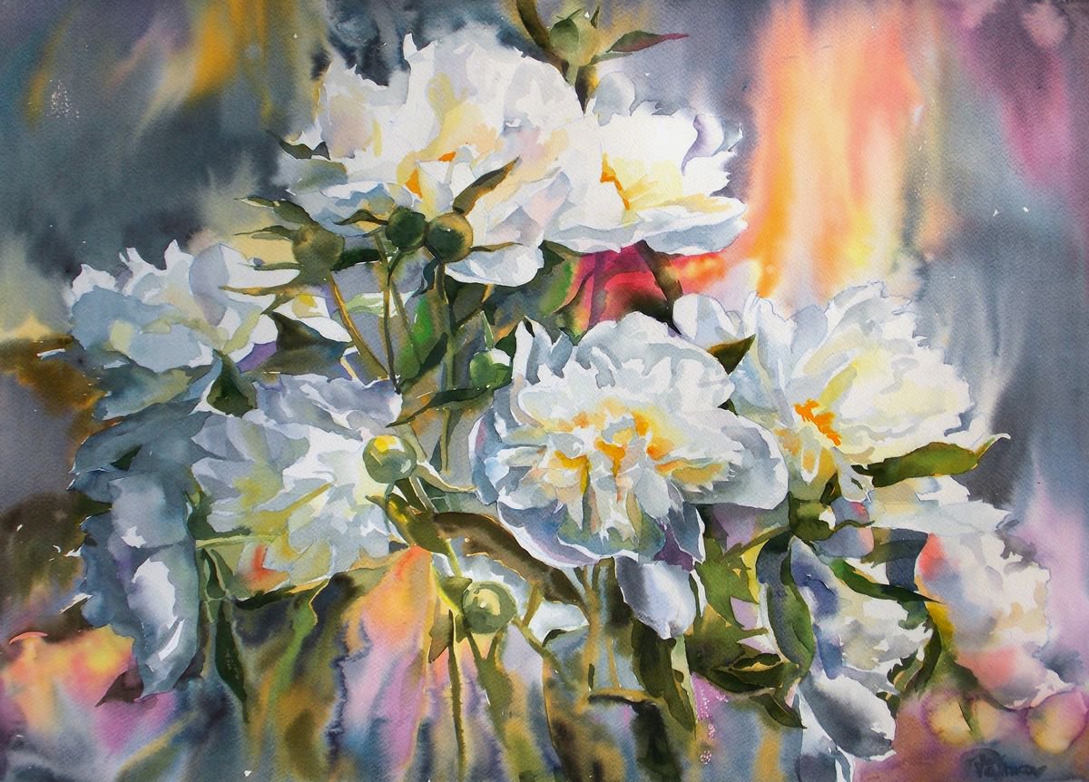 Impressionistic Botanical Watercolour By Yurii Pashkov, 28 X 20", White Peonies #4, Original Artwork