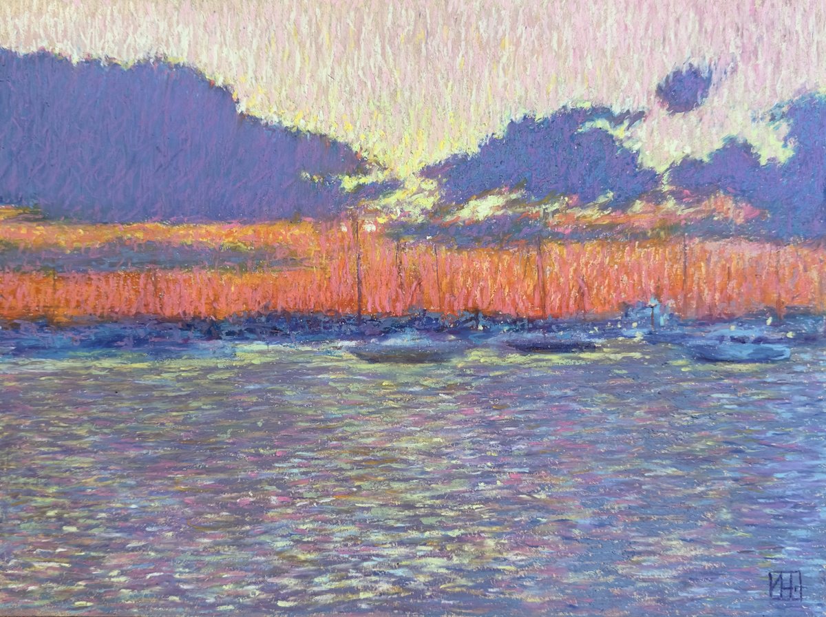 Impressionistic Landscape Pastel Drawing By Nataliia Zaharuk, 12 X 9", In The Harbor, Original Artwork