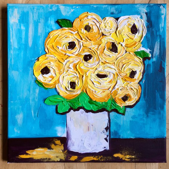ABSTRACT BOUQUET OF Yellow Roses  #14 ( NAIVE COLLECTION)  palette  knife Original Acrylic painting office home decor gift