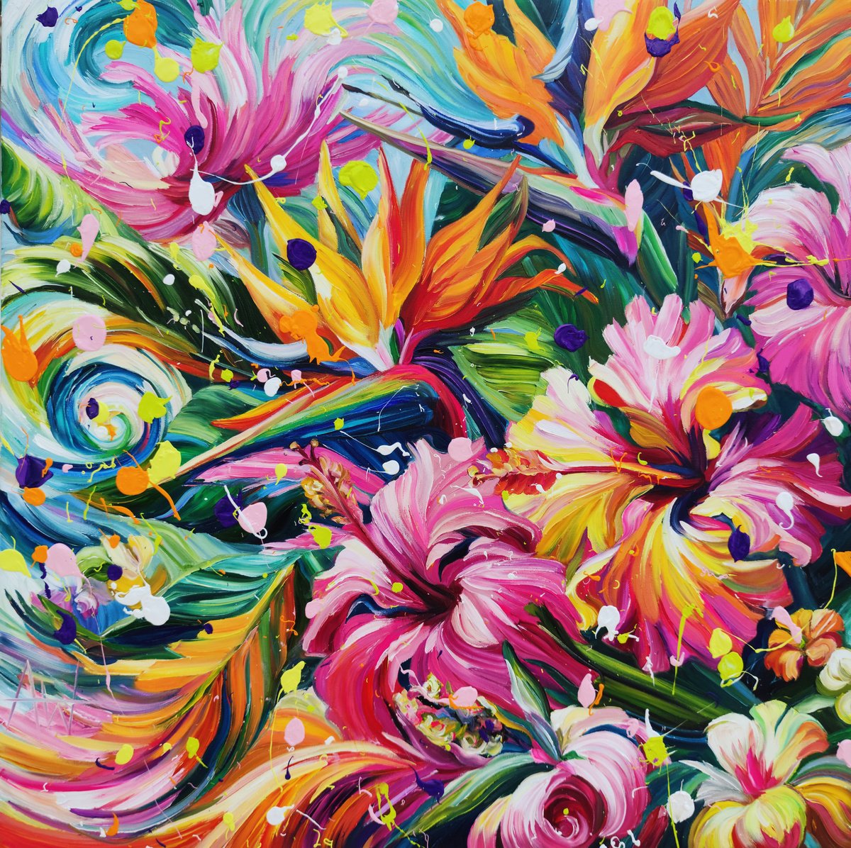 Impressionistic Botanical Oil Painting By Angie Wright, 31 X 31, Coconut Radio, Original Artwork