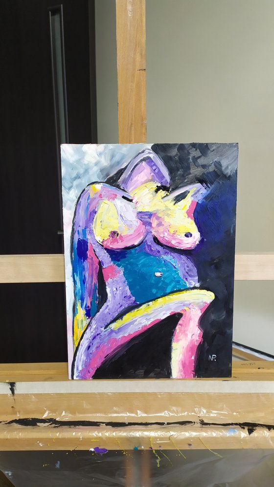 Sexy, original nude erotic gestural oil painting, art for home, Gift idea