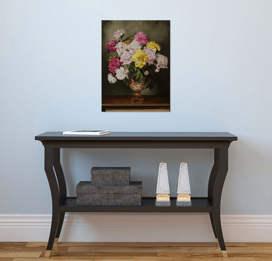 Peonies in a ornate vase