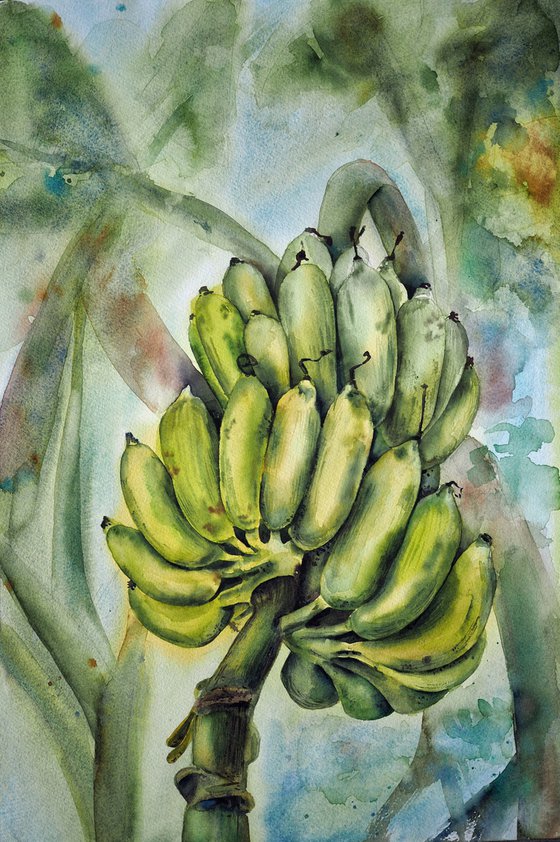 Bananas - original watercolor tropical fruit green palms yellow