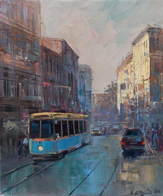 Cityscape with blue tram