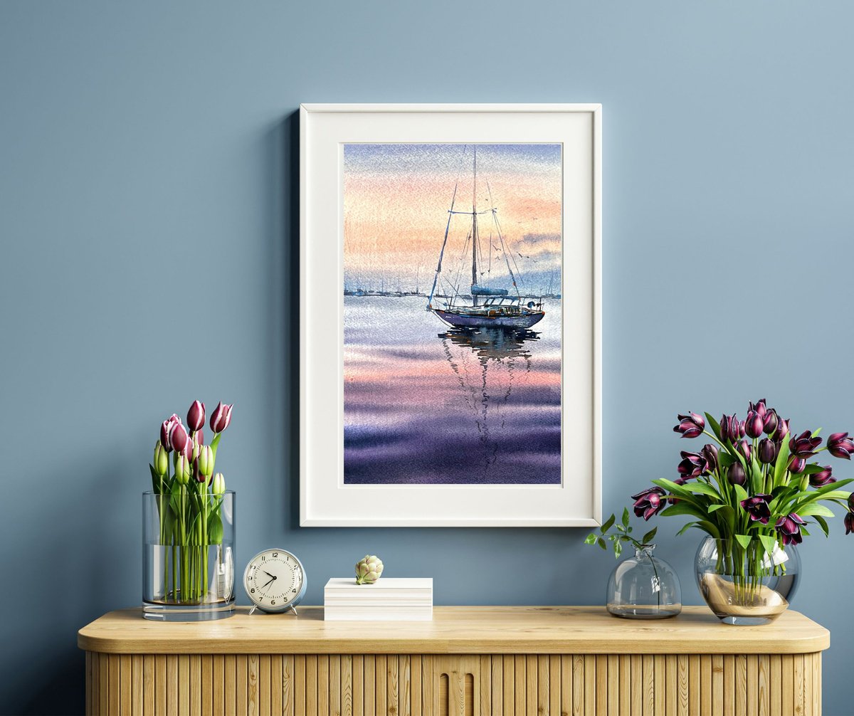 Watercolour Original Boat on Sunset Painting by Yana Ivannikova