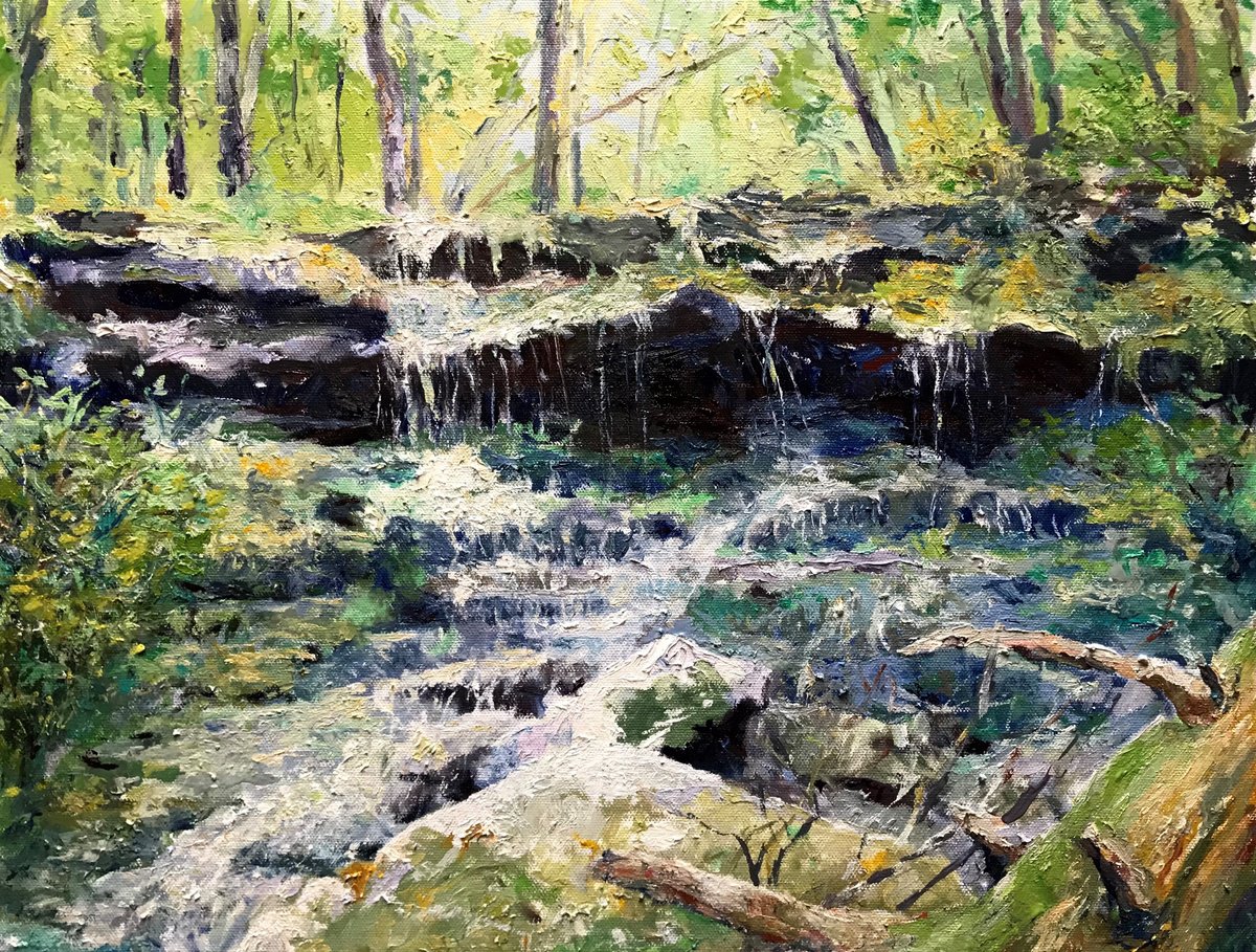 Impressionistic Landscape Oil Painting By Steven Hagy, 18 X 14", - Waterfall Along Mud Lake - ?, Original Artwork
