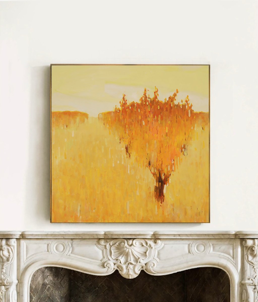 Impressionistic Landscape Oil Painting By Bo Kravchenko, 30 X 30, Autumn Orchard, Original Artwork