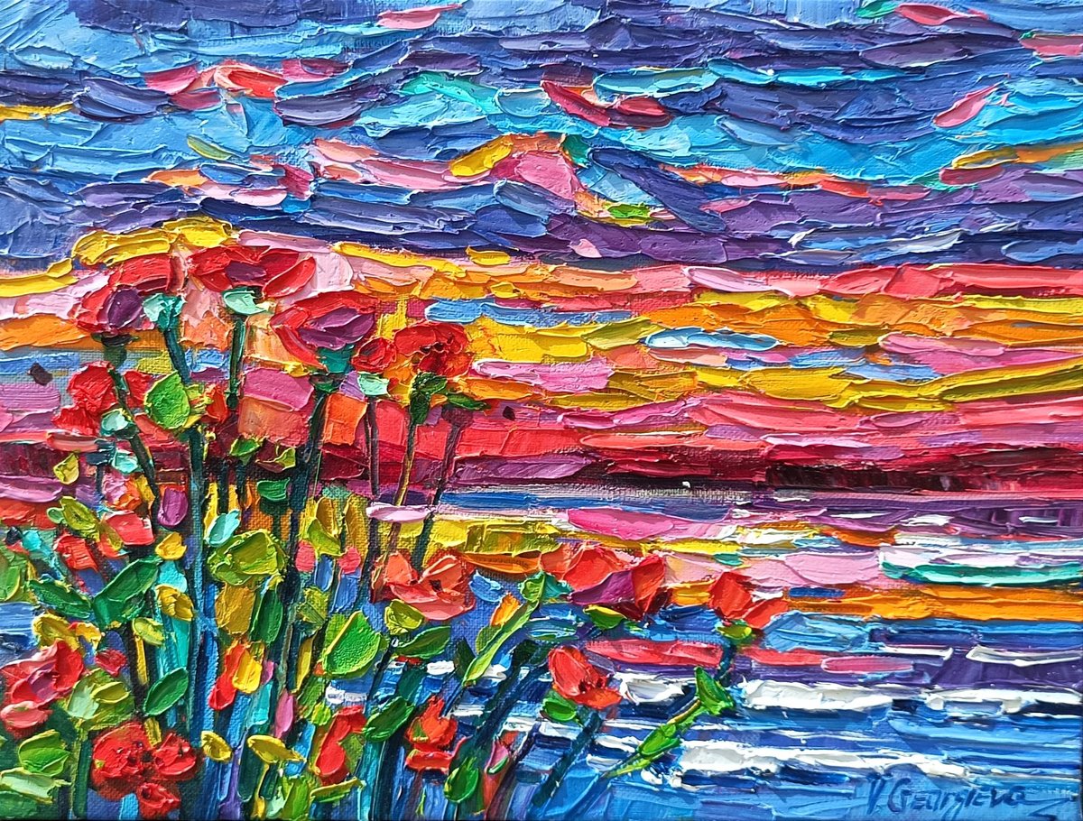 Impressionistic Landscape Oil Painting By Vanya Georgieva, 16 X 12", Poppies And The Clouds, Original Artwork