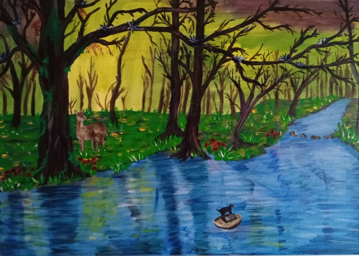 Naive Landscape Acrylic Painting By Corinne Hamer, 23 X 17, Enchanted Woods, Original Artwork