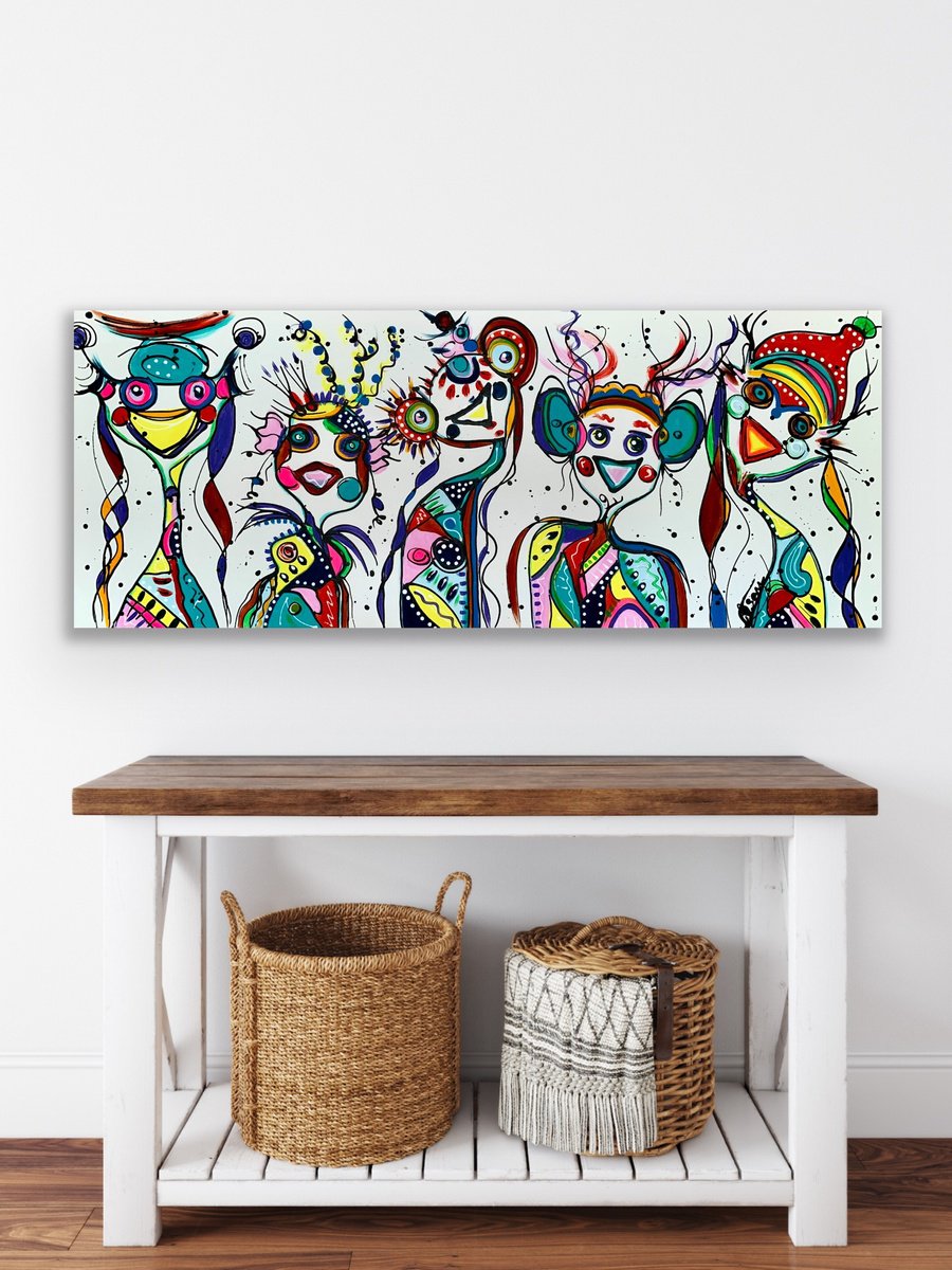 Urban And Pop Abstract Acrylic Painting By Veronica Vilsan, 59 X 24", Friends 101, Original Artwork