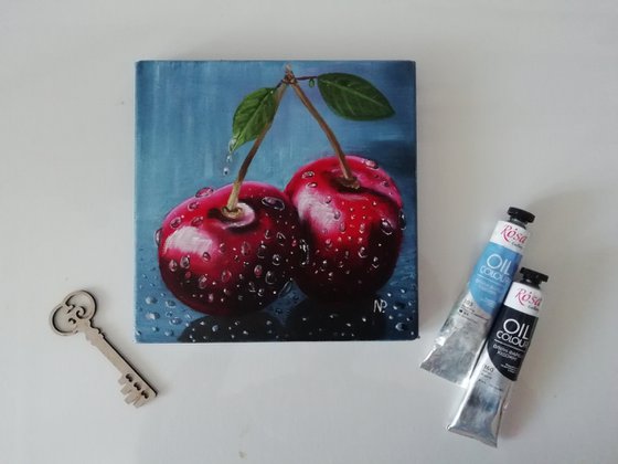 cherries twins. original still life oil painting, gift ide art for home