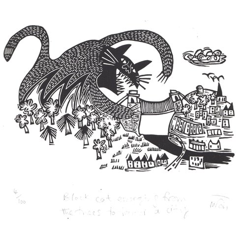 Black Cat Emerging From the Trees to devour a City by Melanie Wickham