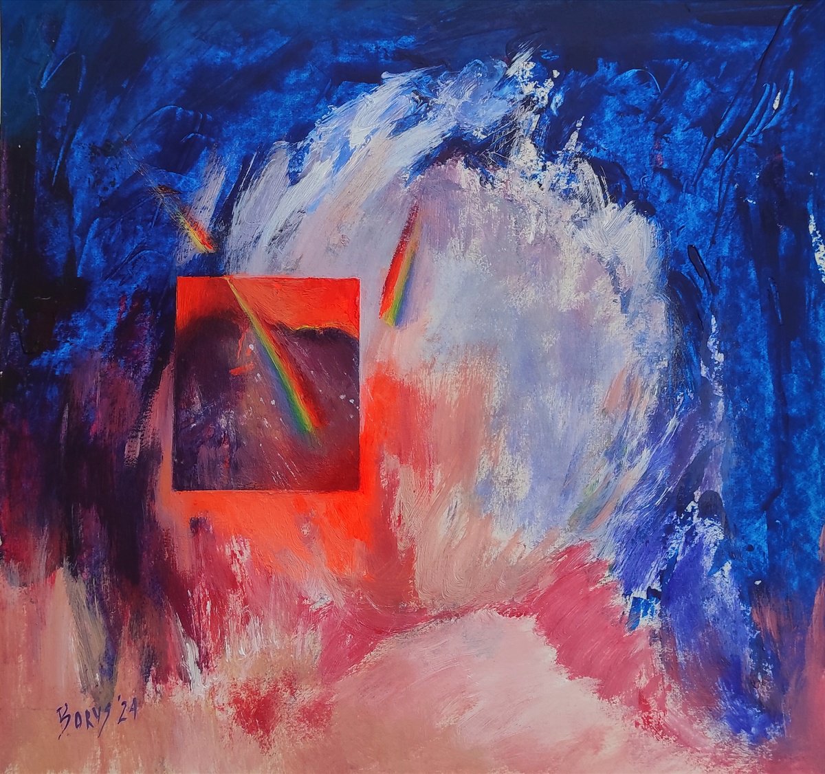 Expressive Abstract Acrylic Painting By Tetiana Borys, 11 X 11", Rainbows In The Clouds, Original Artwork