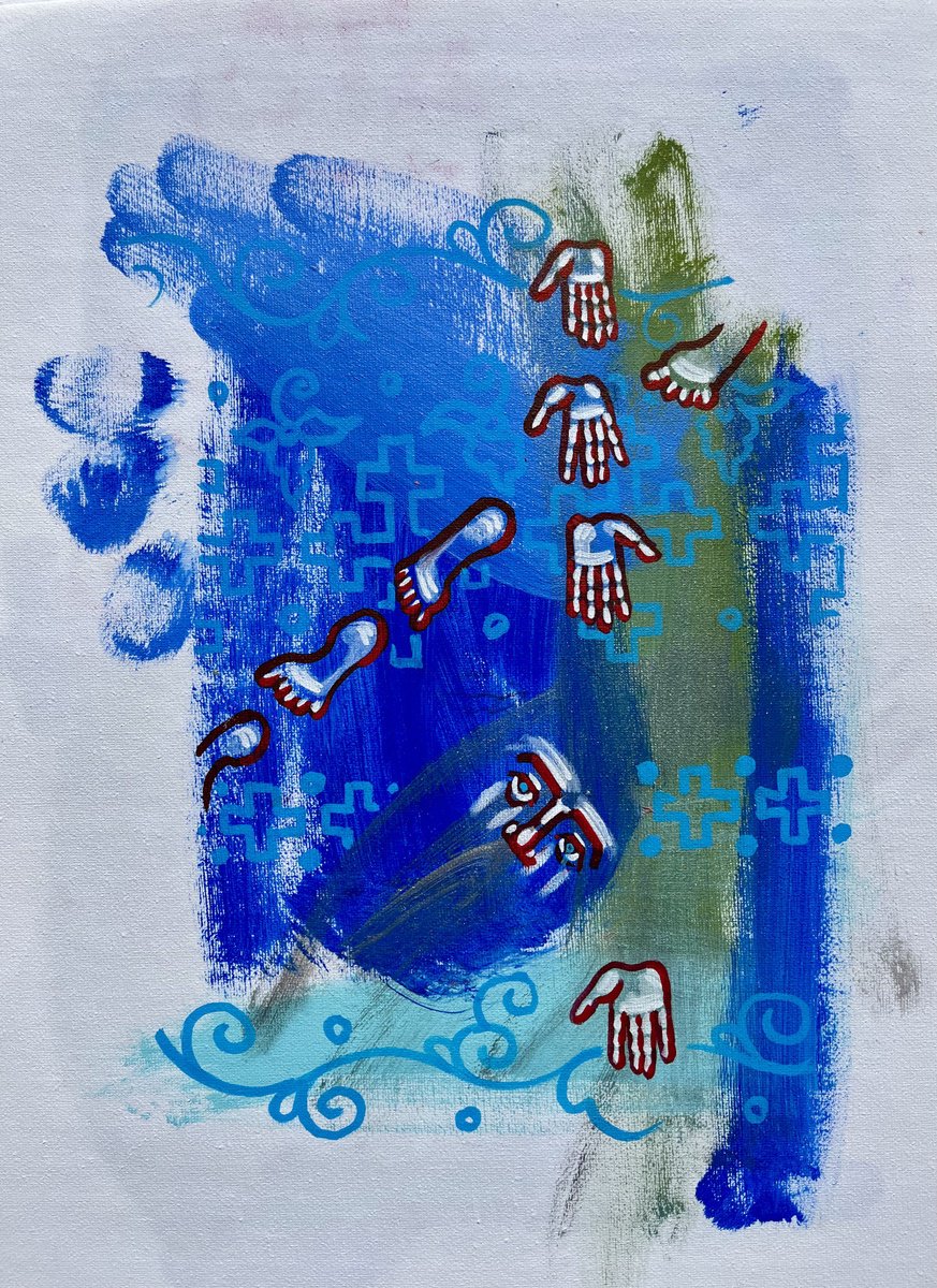 Naive Portrait Acrylic Painting By Yuliia Chaika, 12 X 16", Memory Of Hands, Original Artwork