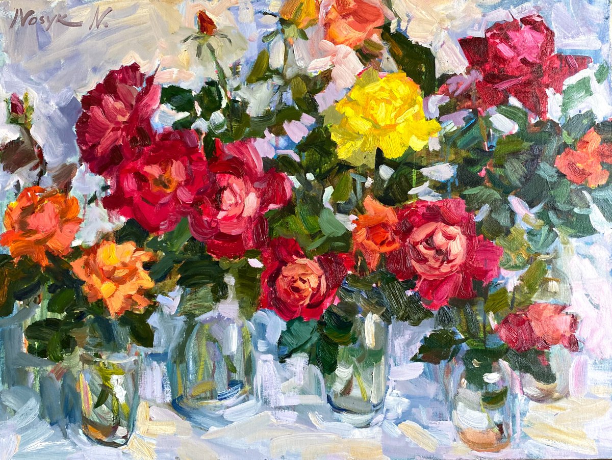 Roses from my garden. original oil painting modern bouquet by Nataliia Nosyk