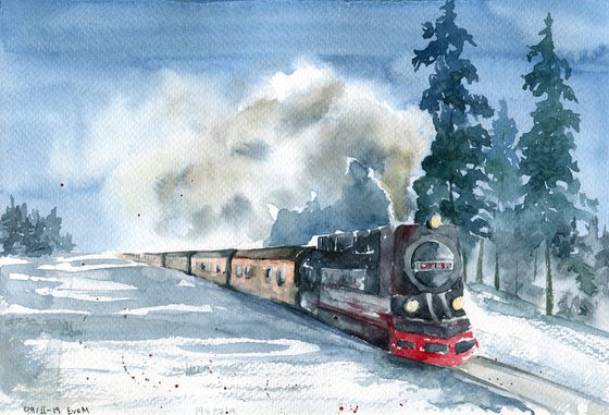 Winter train. Original watercolor artwork.