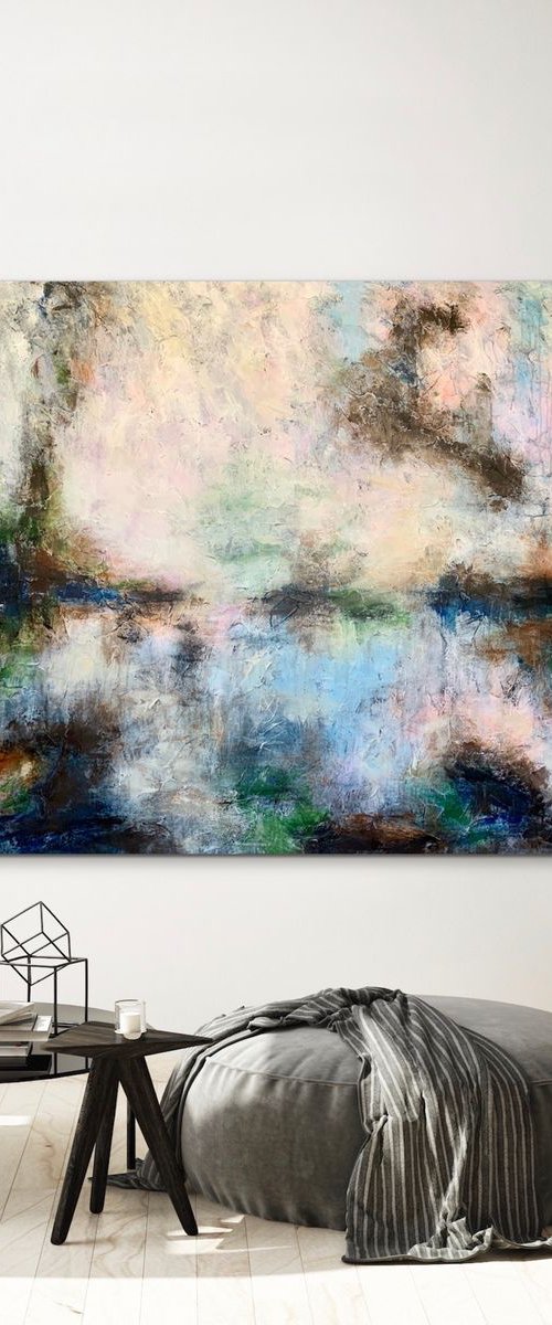 78''x53''(200x135cm), Magnificent Earth 14, blue, pink, cream, green black, texture, land earth colors canvas art  - xxxl art - abstract art painting- extra large art by Veronica Vilsan