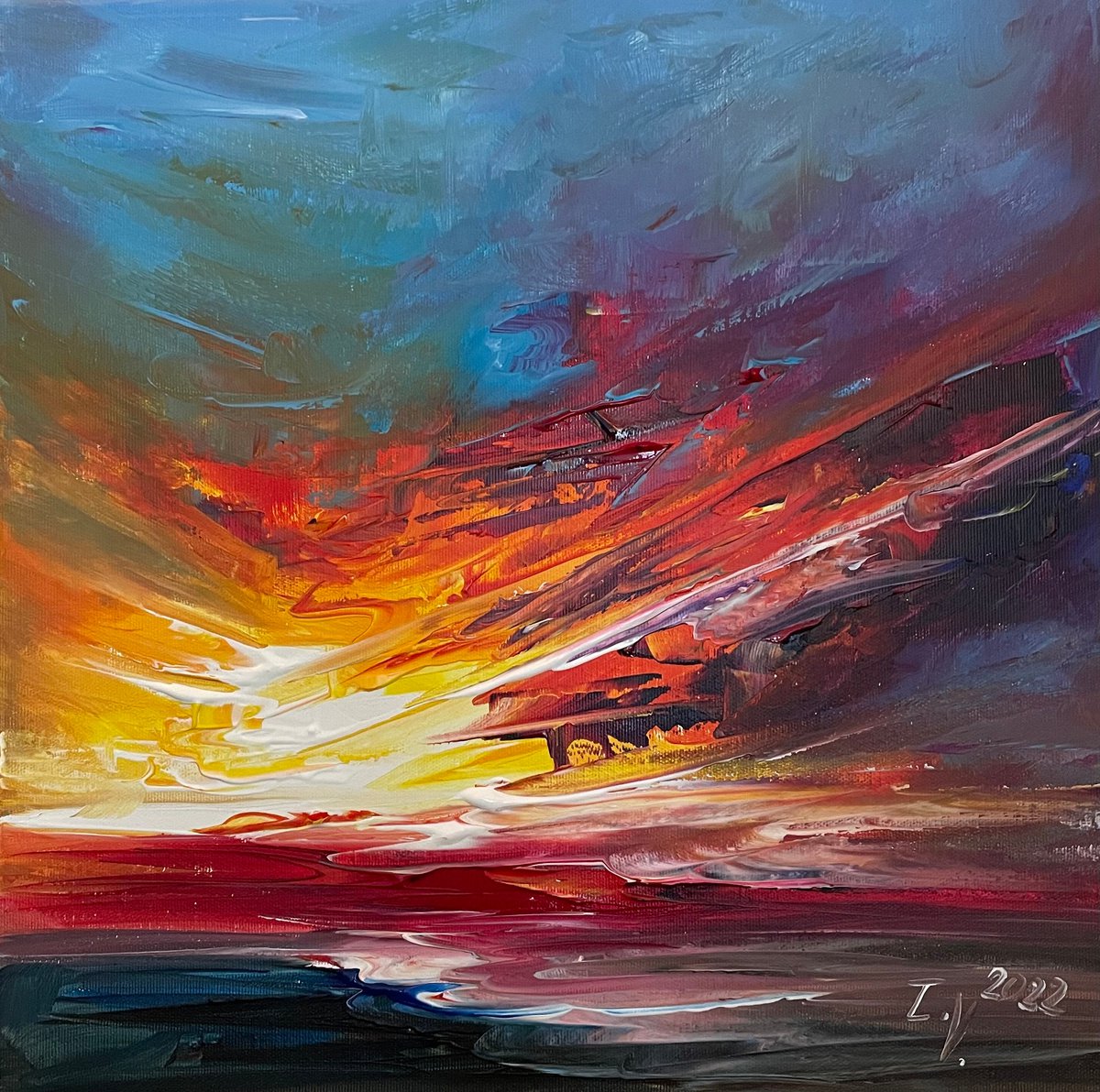 Abstract Landscape Acrylic Painting By Timea Valsami, 16 X 16", Inner Sun Iii, Original Artwork