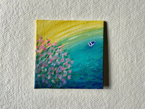 Sea Thrift, 10x10cm small acrylic landscape canvas board painting