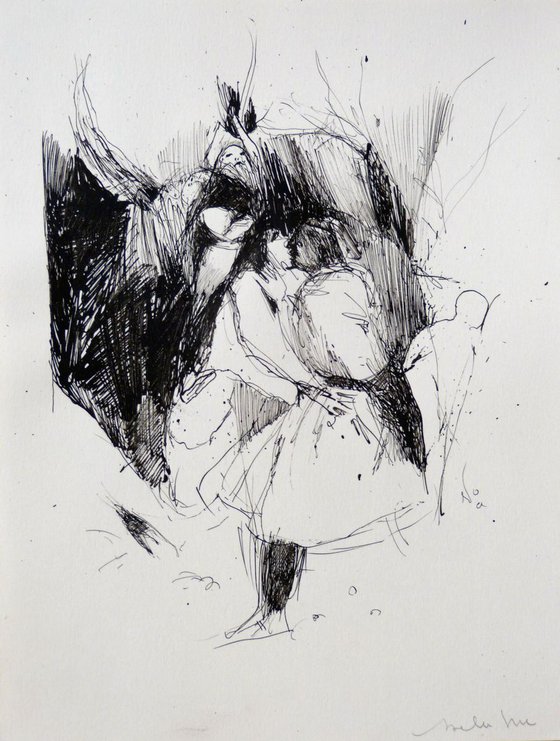 Surrealist Drawing - The kiss, 24x32 cm