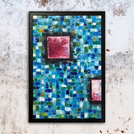 "Mosaic Squared" - Original Highly Textured PMS Abstract Oil Painting On Wood, Framed - 26" x 38"