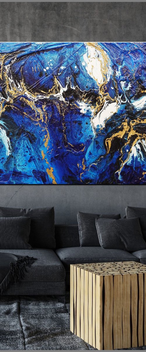 Golden Blu 190cm x 100cm Blue Gold Textured Abstract Art by Franko