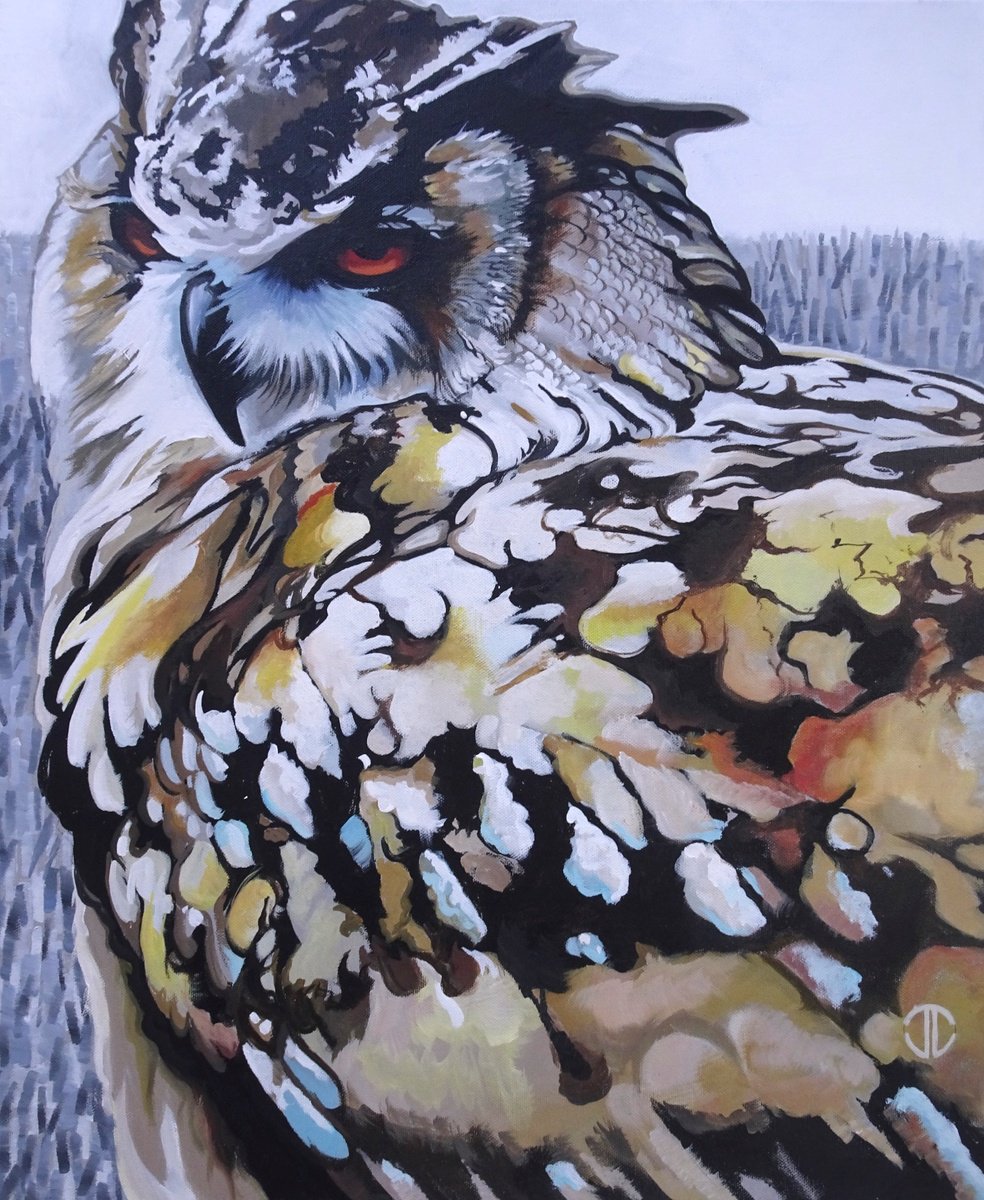 Impressionistic Animal Acrylic Painting By Joseph Lynch, 20 X 24, Eurasian Eagle Owl, Original Artwork