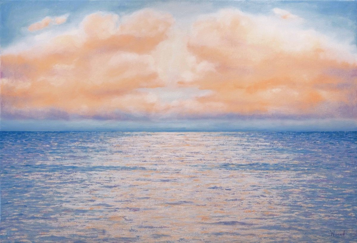 Impressionistic Landscape Oil Painting By Anastasia Woron, 29 X 20, The Sea And Vanilla Sky., Original Artwork