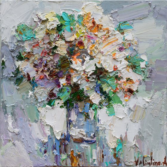 Abstract white flowers Original Oil painting