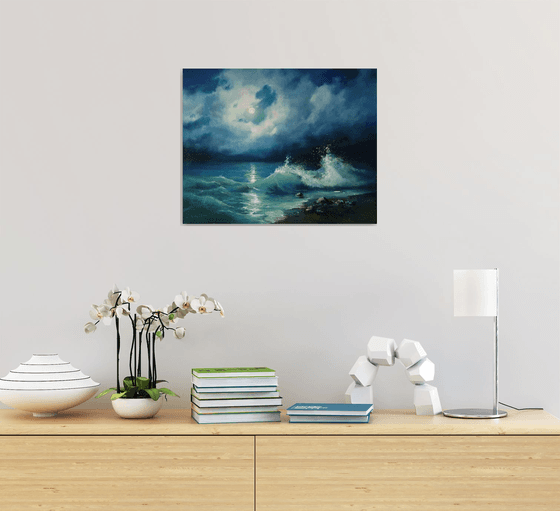 "Night sea." seascape sea night liGHt original painting  GIFT (2020)