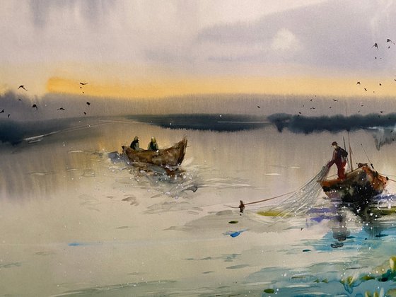 Watercolor “Fishing early morning” gift for him