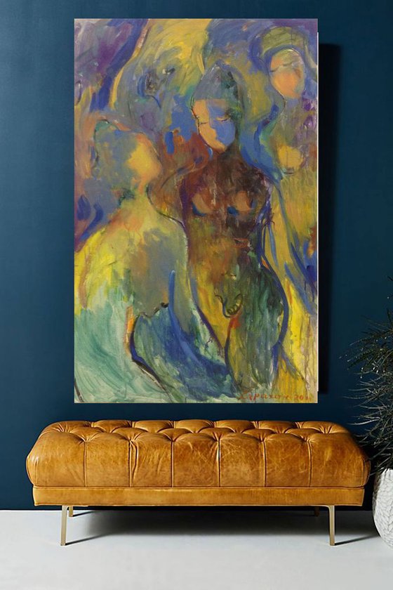 BATHERS IN BLUE - Bathers, nude art, original painting large size, blue yellow colour, love, lovers, body, tree nudes, Christmas gift