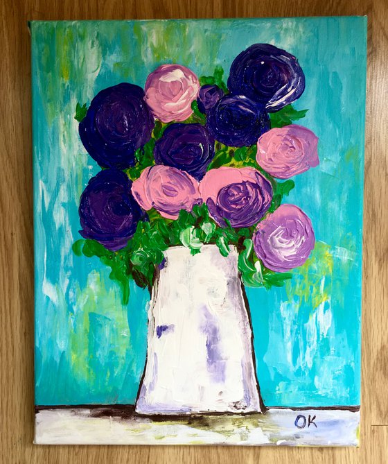 BOUQUET OF Purple and pink Roses  #7 palette  knife Original Acrylic painting office home decor gift