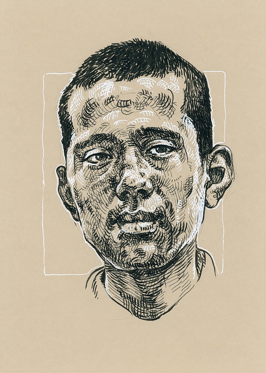 Tibetan man portrait. Ink portrait. Portrait on paper. Portrait drawing by Katarzyna Gagol