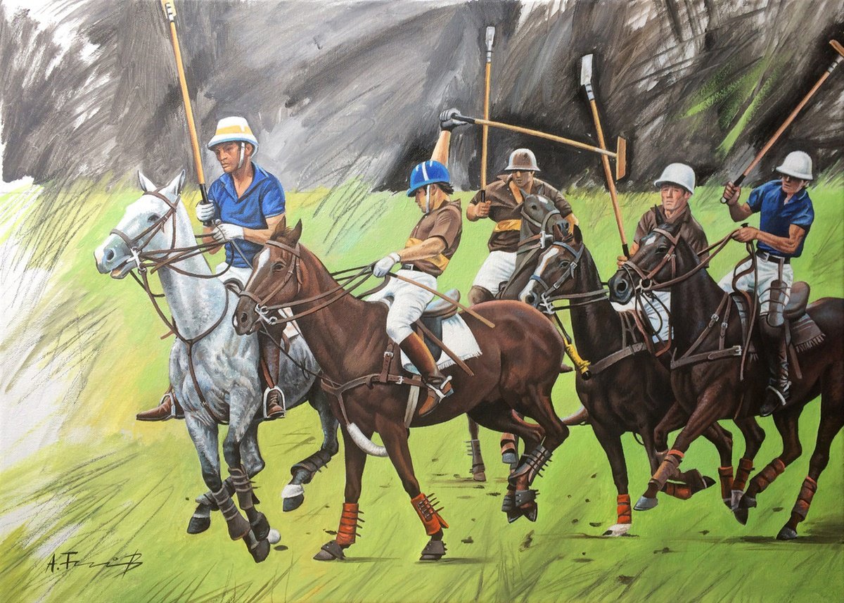Photorealistic Animal Oil Painting By Alexander Titorenkov, 28 X 20, Polo Game, Original Artwork
