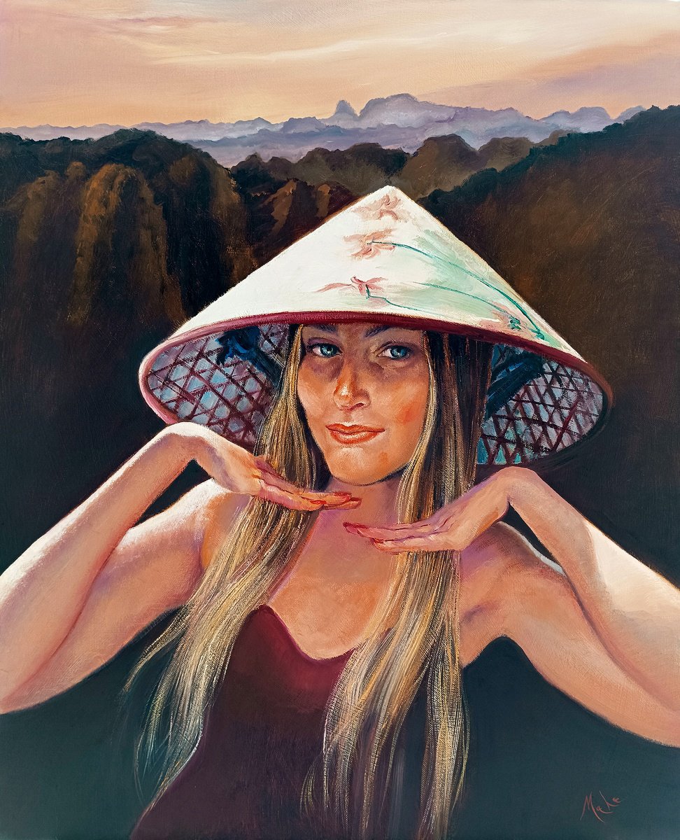 Expressive Portrait Oil Painting By Isabel Mahe, 24 X 29, ???? Visit Hanoi, Original Artwork