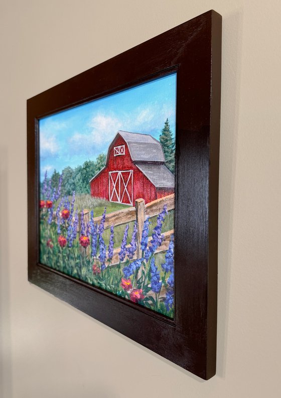 Red Barn with Spring Blooms