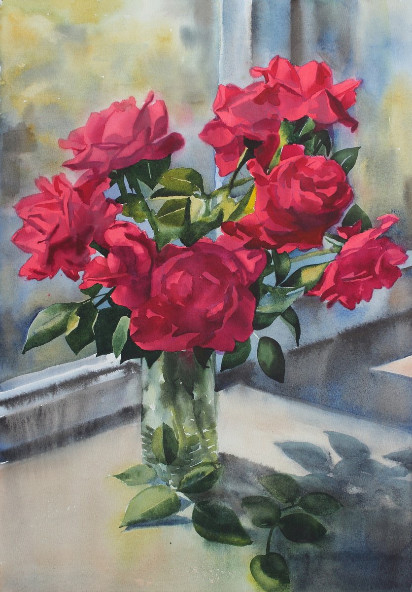 Impressionistic Botanical Watercolour By Yurii Pashkov, 15 X 22", Bouquet Of Roses#4, Original Artwork