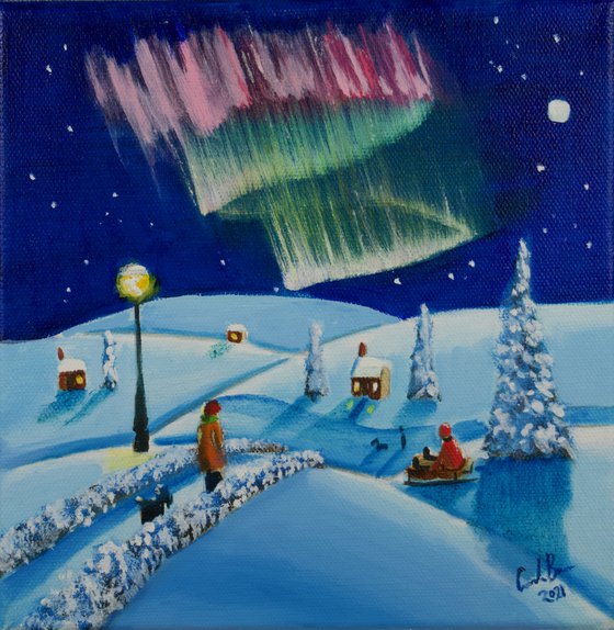 The Northern Lights folk art oil painting on canvas