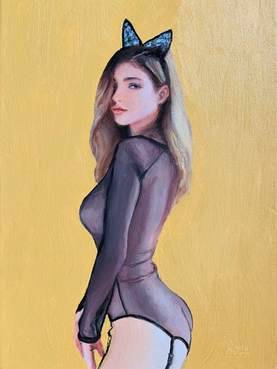 Bunny Ears. Original erotic oil figure painting.