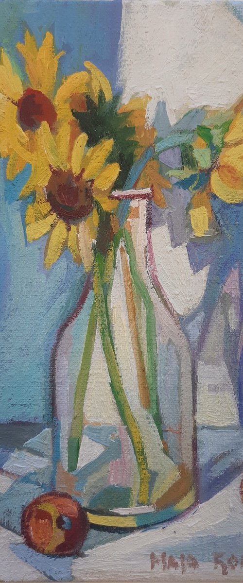 Sunflowers in a glass vase, miniature,  2022 by Maja Đokić Mihajlović