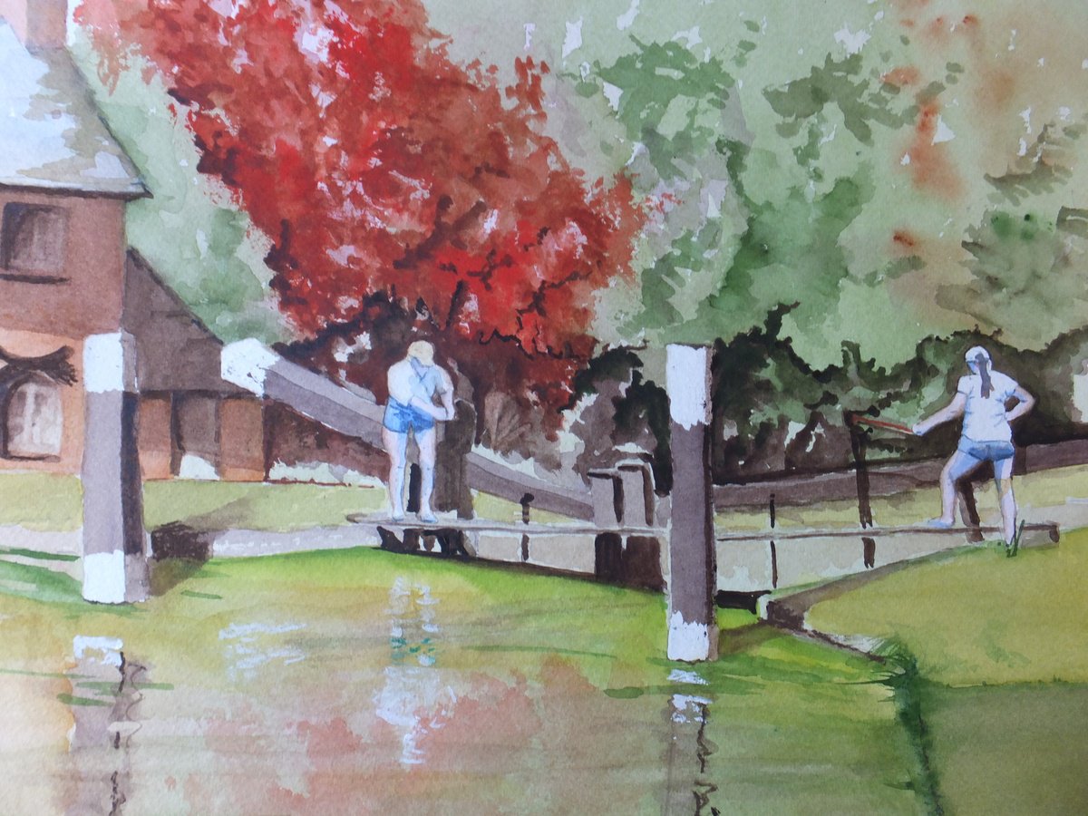 Photorealistic Landscape Watercolour By David Harmer, 19 X 15, Lock On Wey Navigation, Surrey, Original Artwork