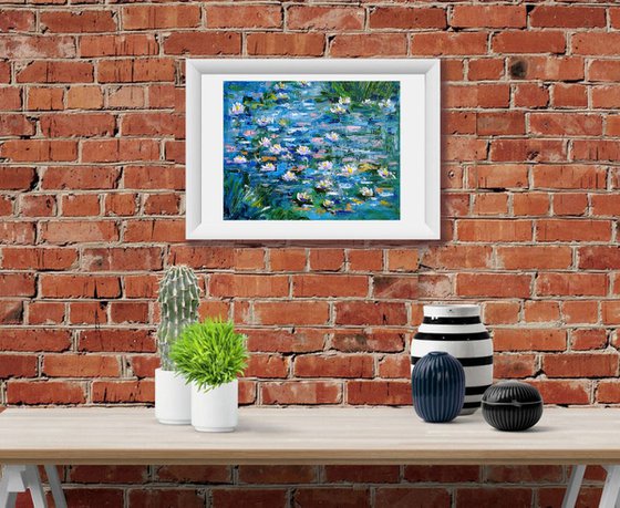 Water Lily Painting Original Art Monet Pond Landscape Artwork Impasto Floral Wall Art