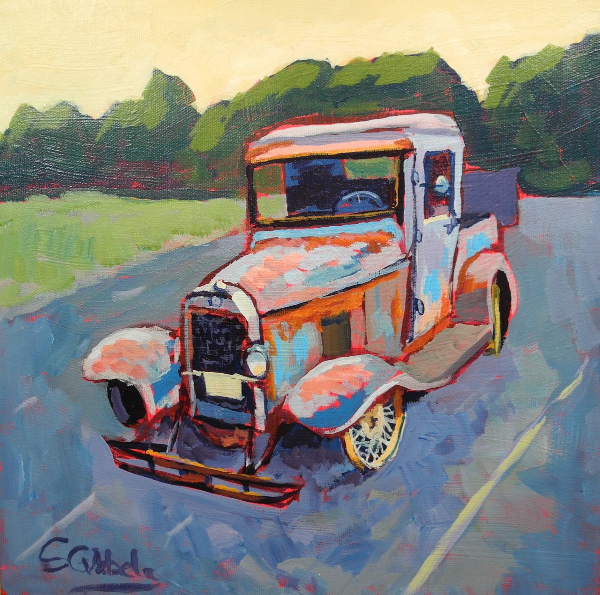 Impressionistic Transport Acrylic Painting By Edward Abela, 12 X 12, End Of The Road, Original Artwork