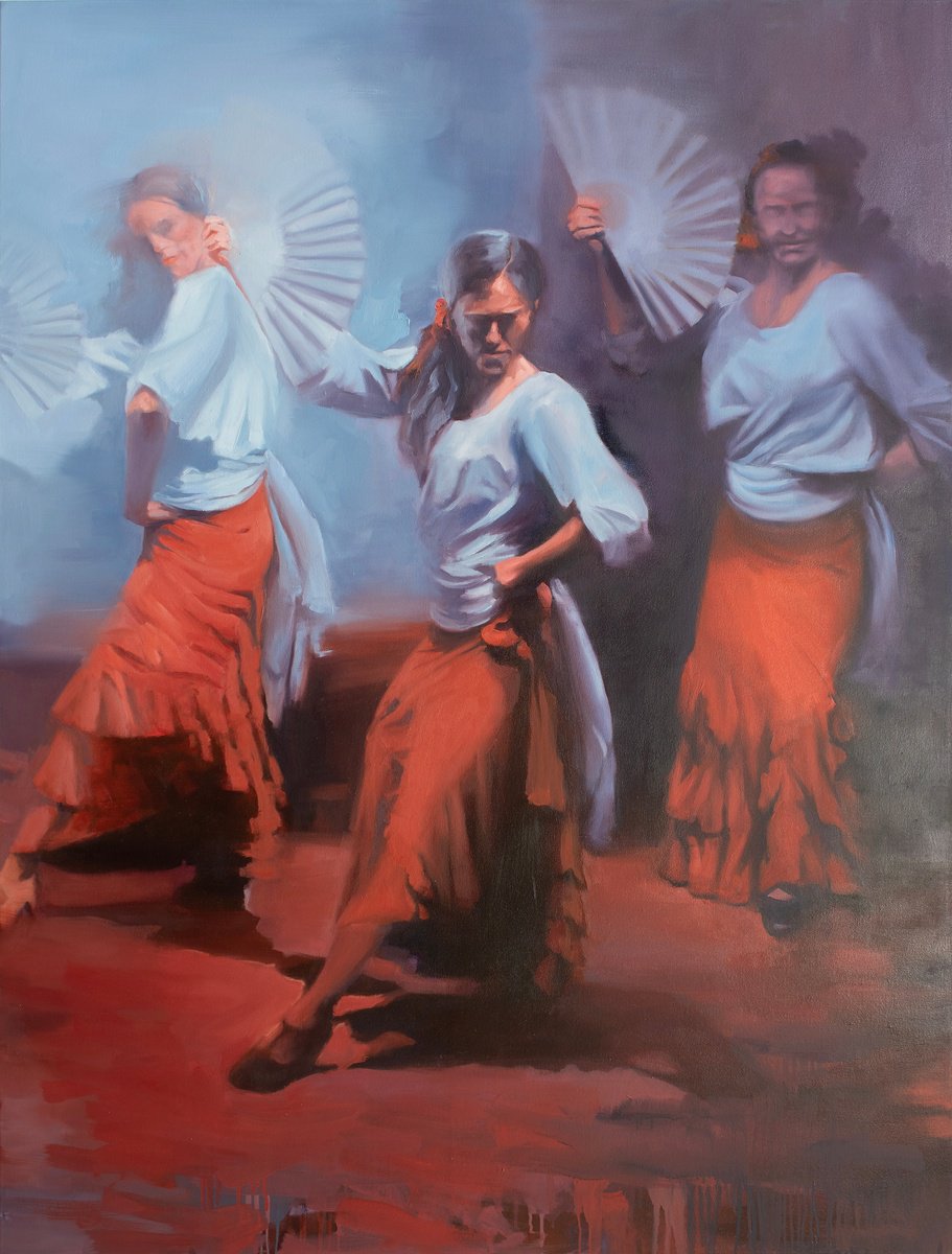 Impressionistic Portrait Oil Painting By Zil Hoque, 50 X 66", Las Abanicas, Original Artwork